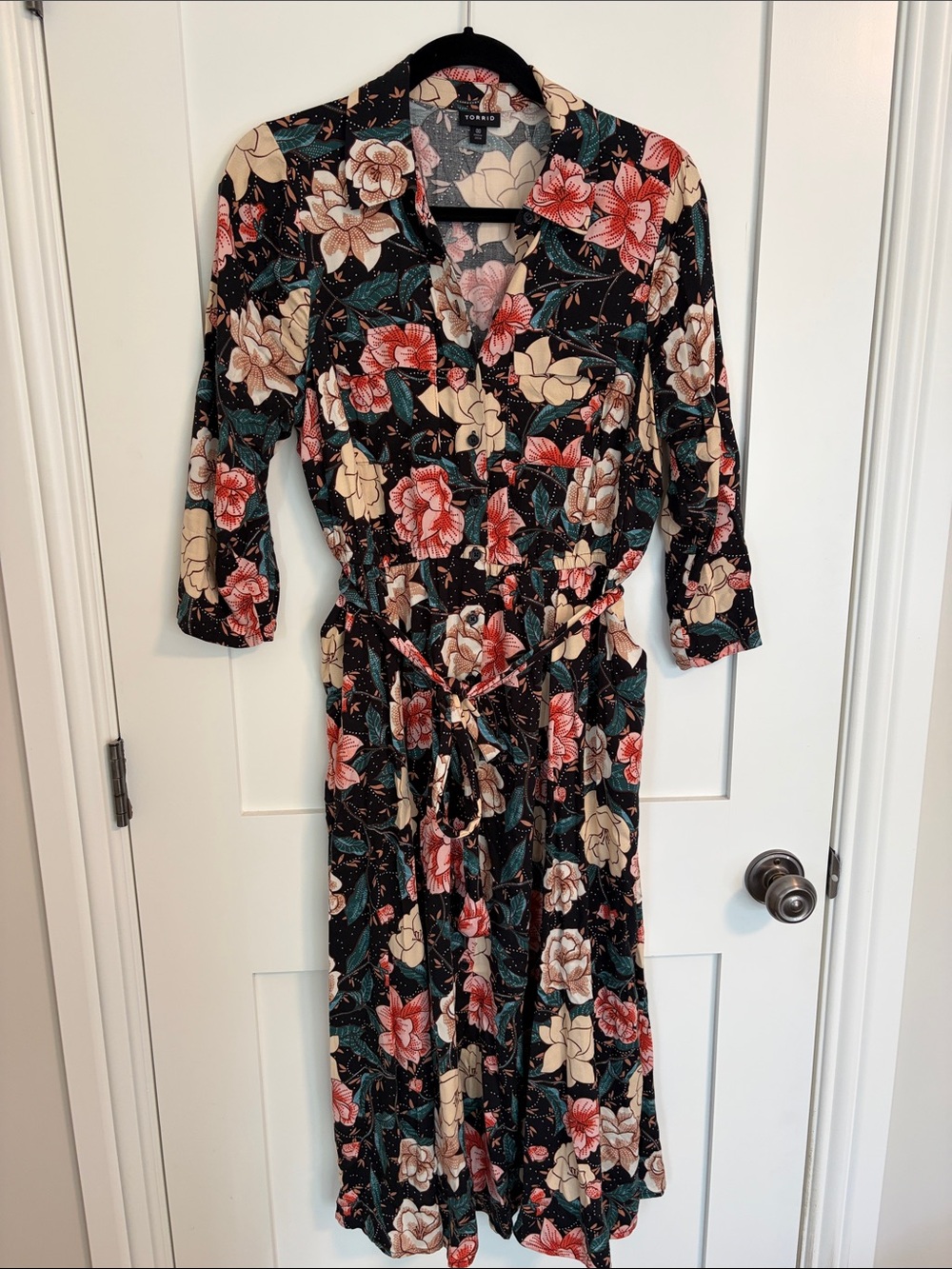 torrid Black Floral Wrap Midi Dress with Coral and Cream Blooms